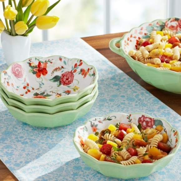 2024 ❤️ New Pioneer Woman Painted Meadow Ceramic 4-Piece Pasta Bowl Set - Picture 10 of 10